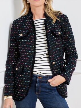 Talbots Midnight Sparkle Rainbow Tweed Jacket Navy Blue Multi Size 14